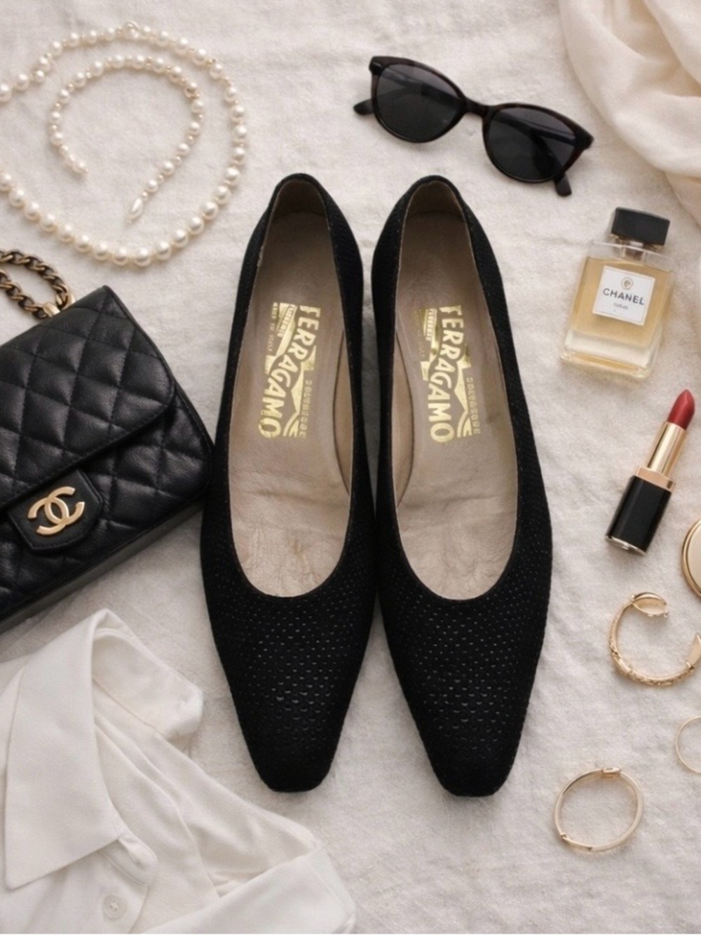 Salvatore Ferragamo Black Suede Pointed Toe Flats